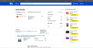 Best Buy order details page showing the order as cancelled