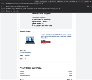 Continuation of the phishing email showing more details of the fake order