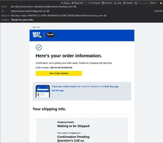 Screenshot of the phishing email showing the order notification with fake phone number